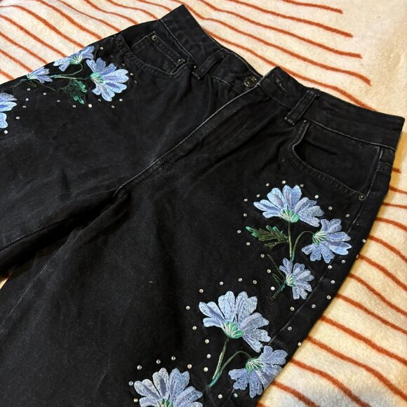 Topshop Black Moto Mom Jeans with Flower Embroidery - Picture 1 of 5